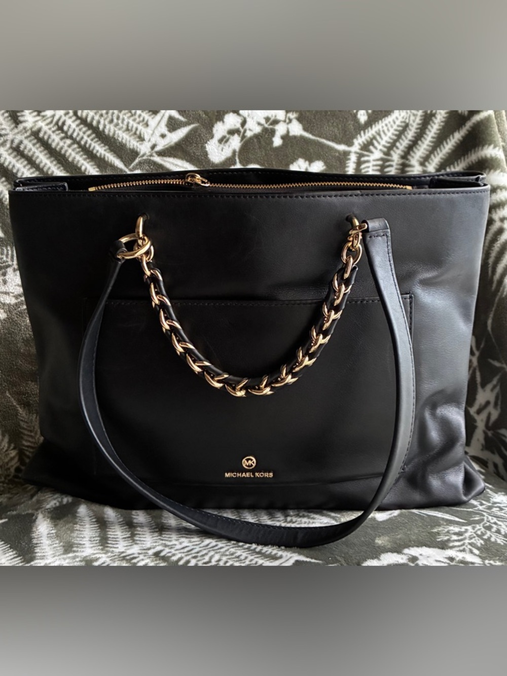 Michael Kors Black Leather Tote with Gold Chain Handles